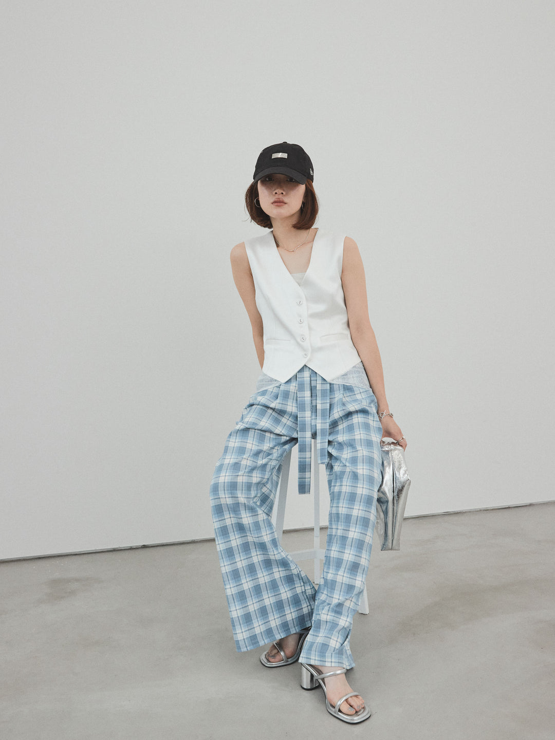 [SET]サテン×レース切替ベスト+チェック柄ワイドパンツ(2set)