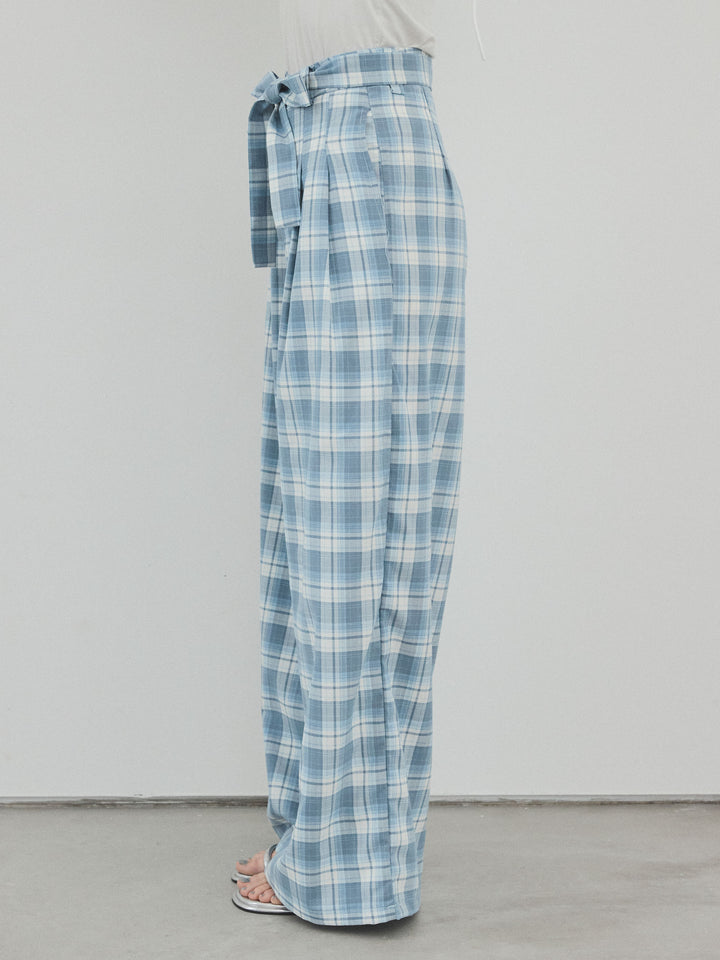 [予約]チェック柄ワイドパンツ/ブルー