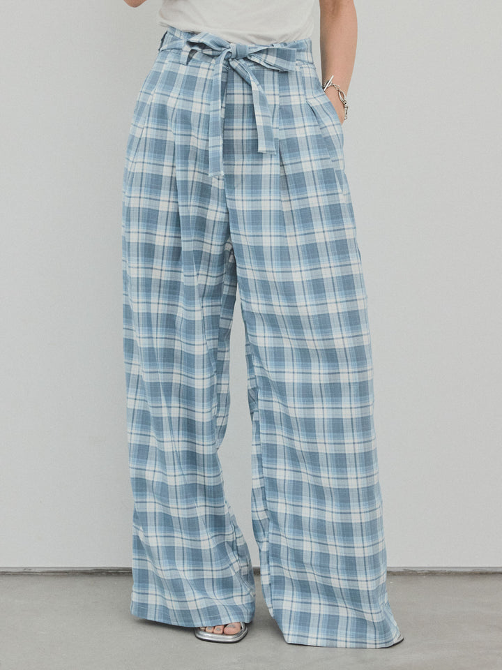 [予約]チェック柄ワイドパンツ/ブルー