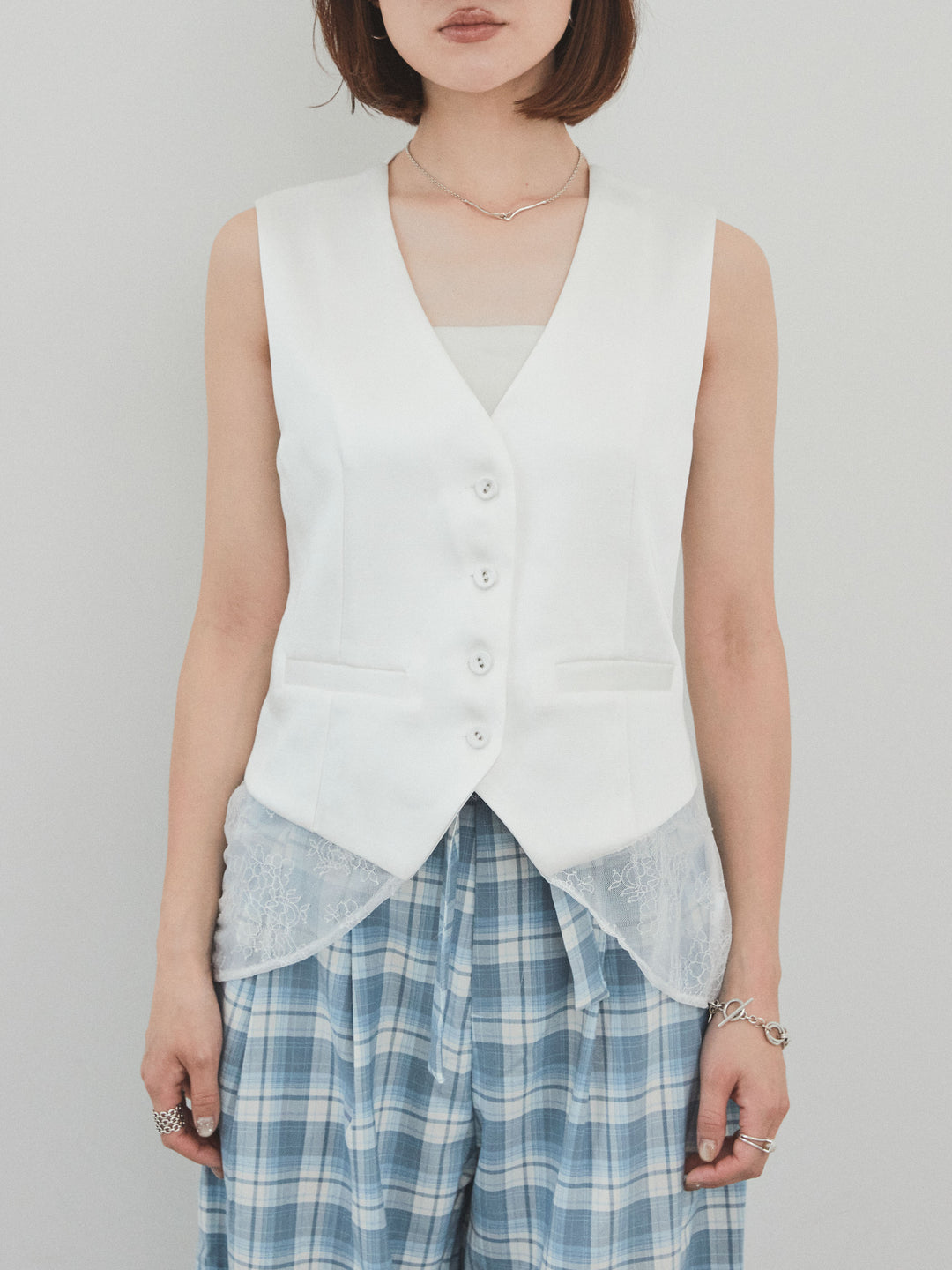 [予約]サテン×レース切替ベスト/ホワイト