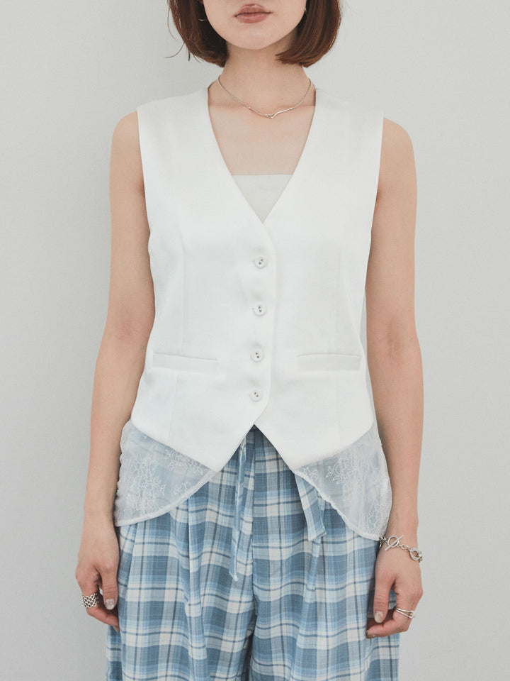 [予約]サテン×レース切替ベスト/ホワイト