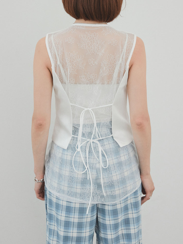 [予約]サテン×レース切替ベスト/ホワイト
