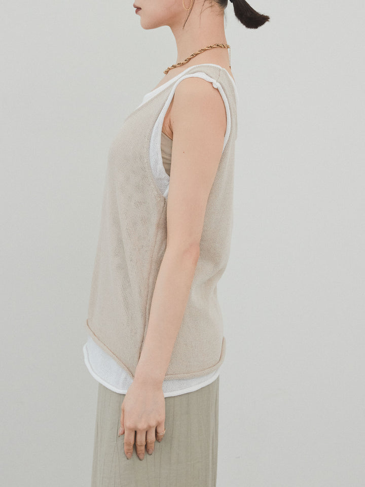 【預購】雙色疊層針織背心/米色