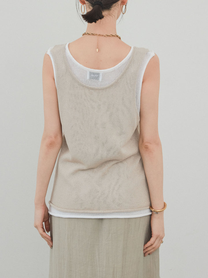 【預購】雙色疊層針織背心/米色