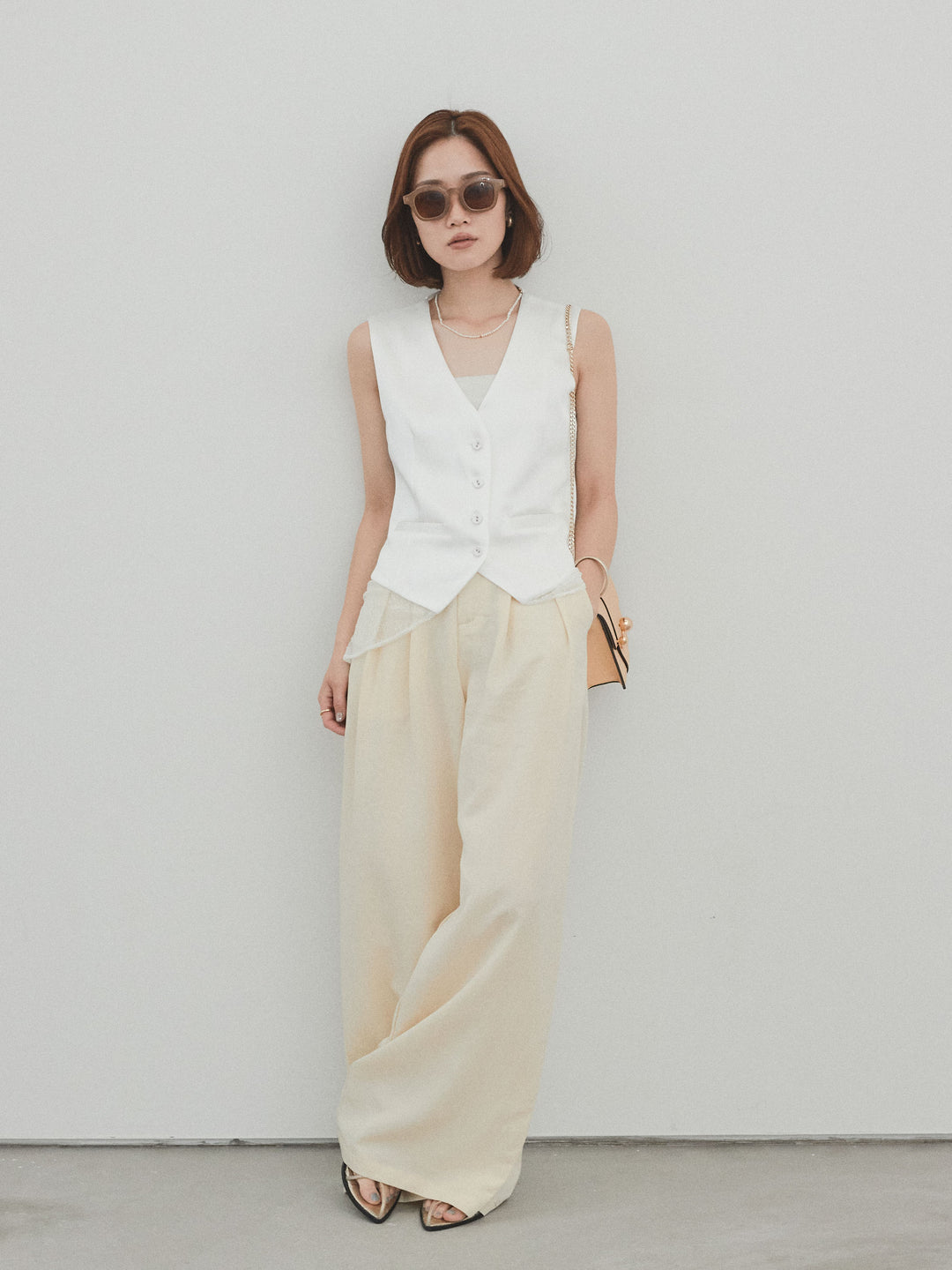 [SET]サテン×レース切替ベスト+リネンタッチタックワイドパンツ (2set)