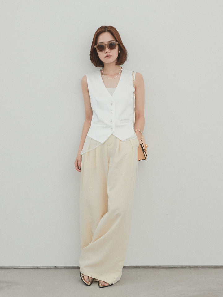 [SET]サテン×レース切替ベスト+リネンタッチタックワイドパンツ (2set)