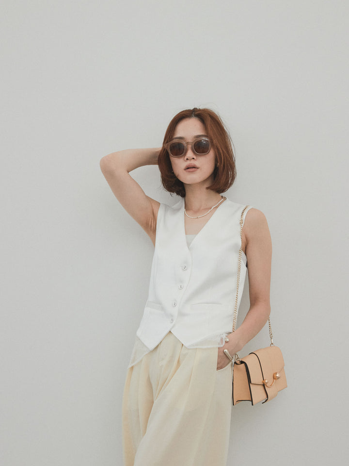 [SET]サテン×レース切替ベスト+リネンタッチタックワイドパンツ (2set)