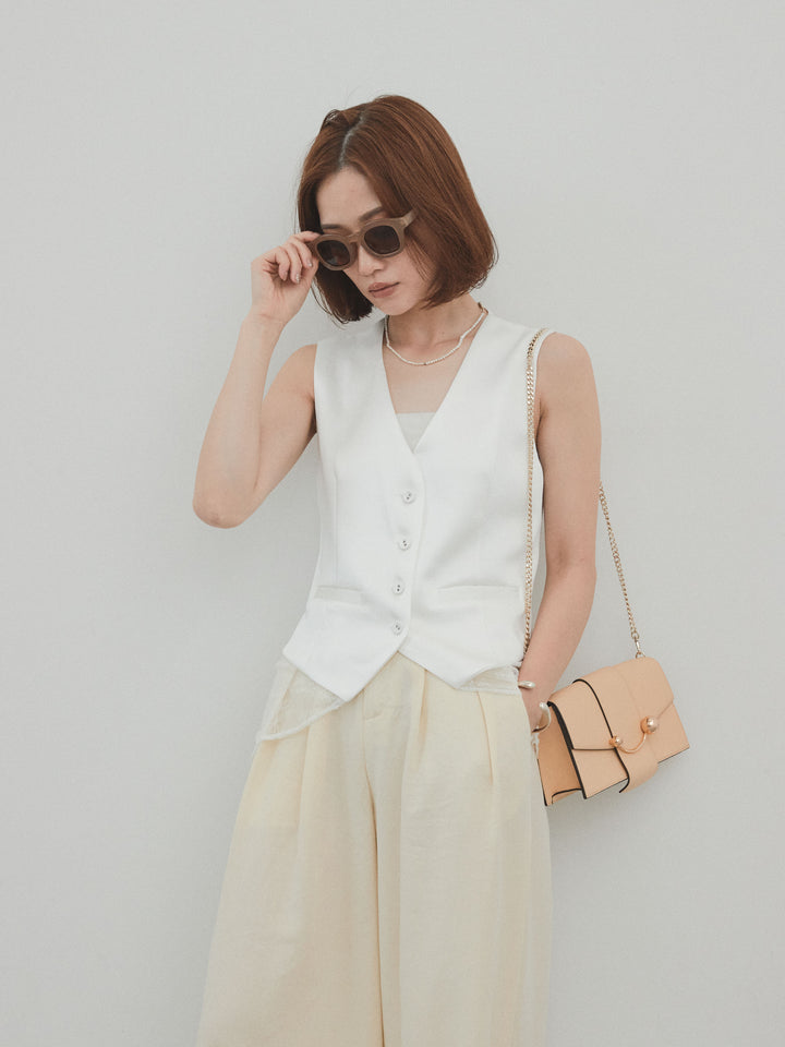 [SET]サテン×レース切替ベスト+リネンタッチタックワイドパンツ (2set)