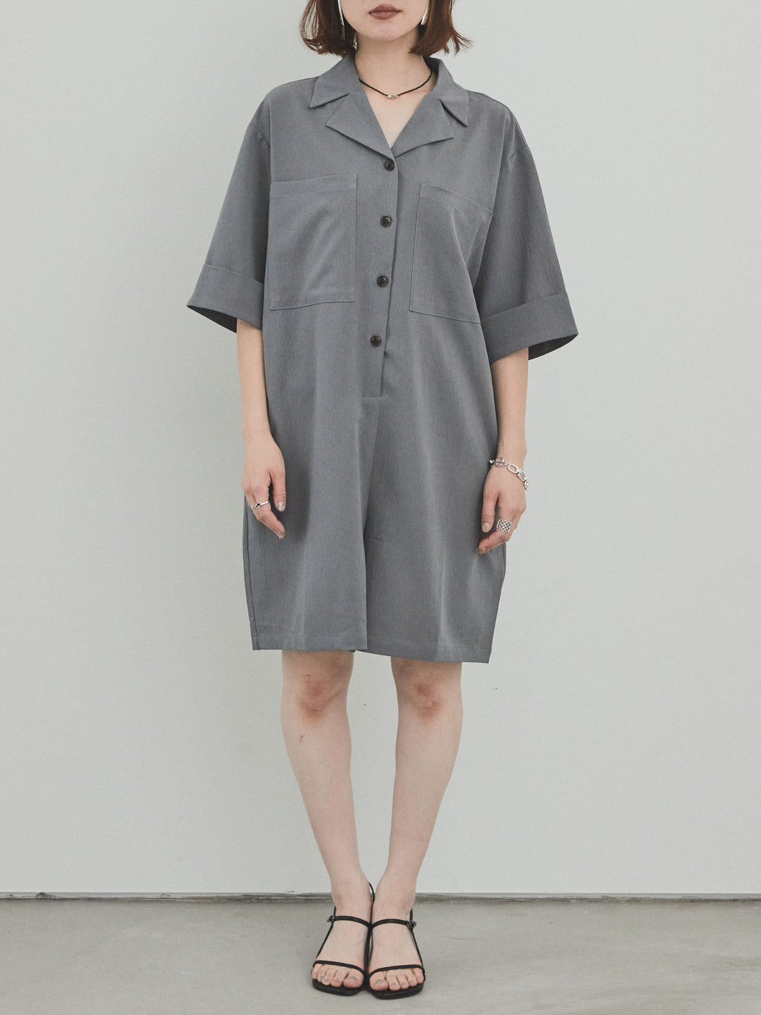[預購] 縐雪紡襯衫連身衣/灰色