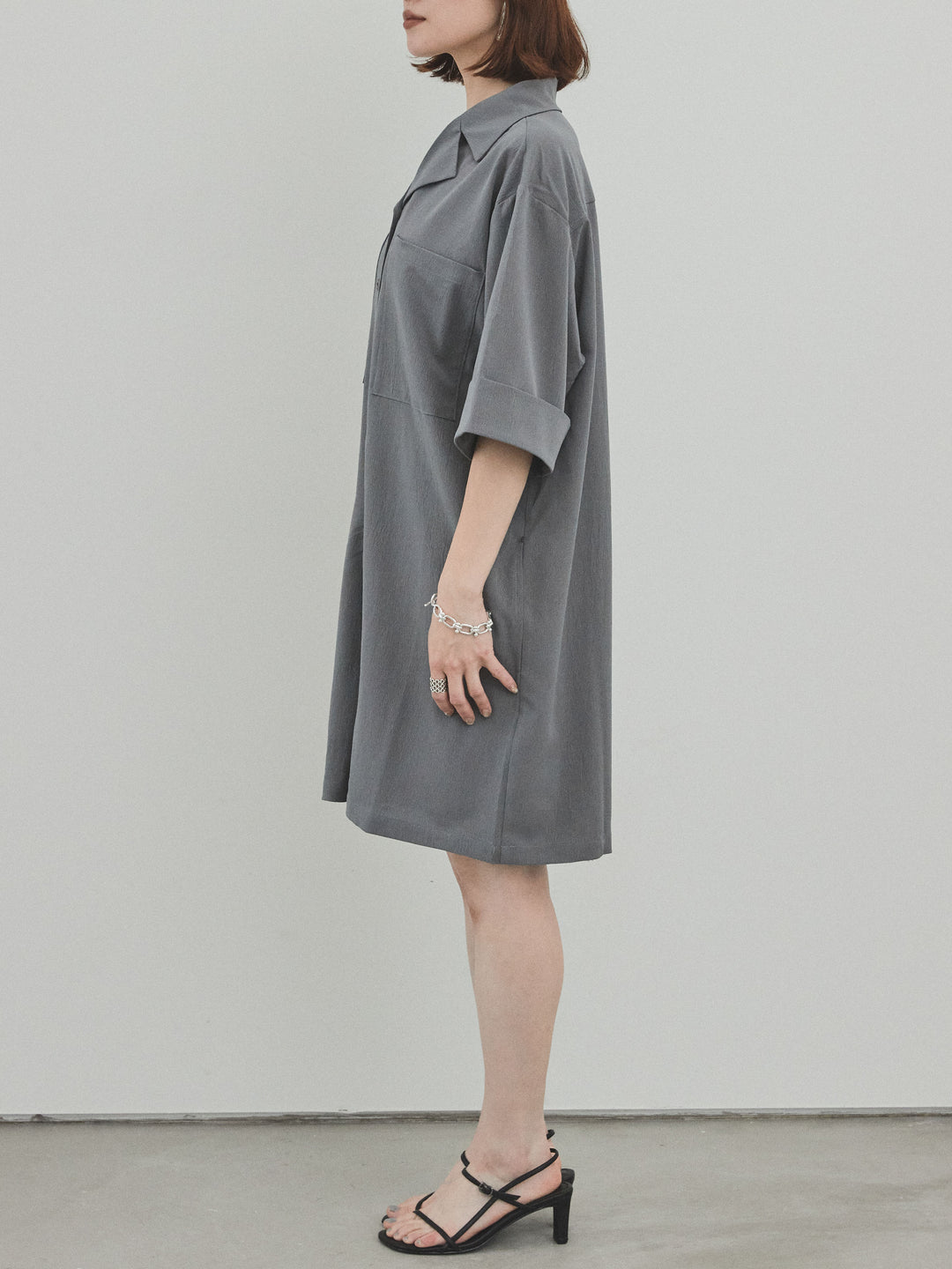 [預購] 縐雪紡襯衫連身衣/灰色