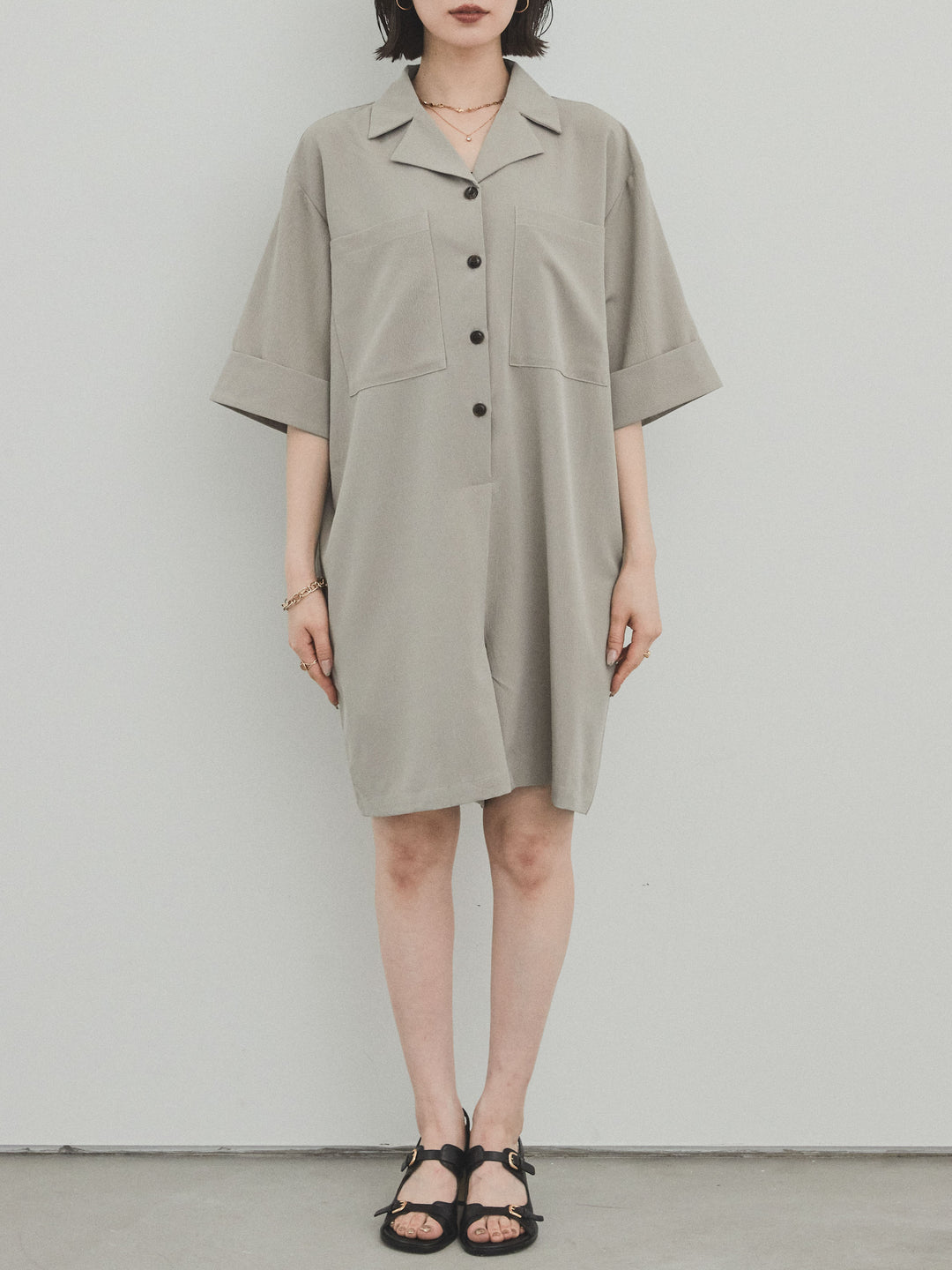 [補貨] [預訂] 縐雪紡襯衫連身衣/灰米色