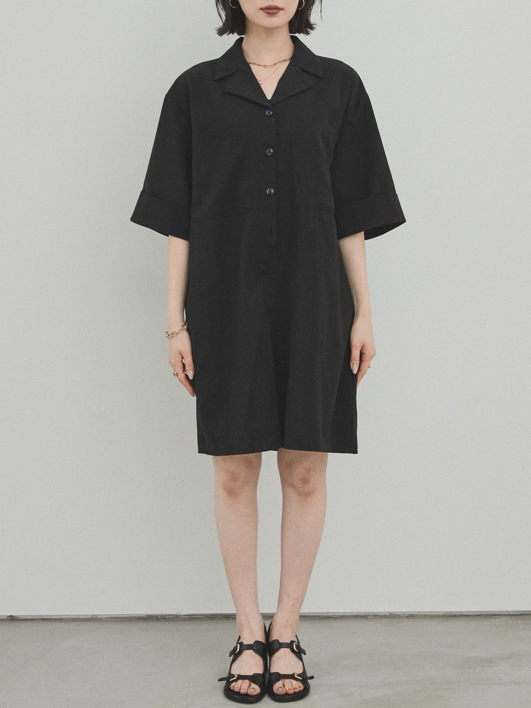 [補貨] [預訂] 縐雪紡襯衫連身衣/黑色