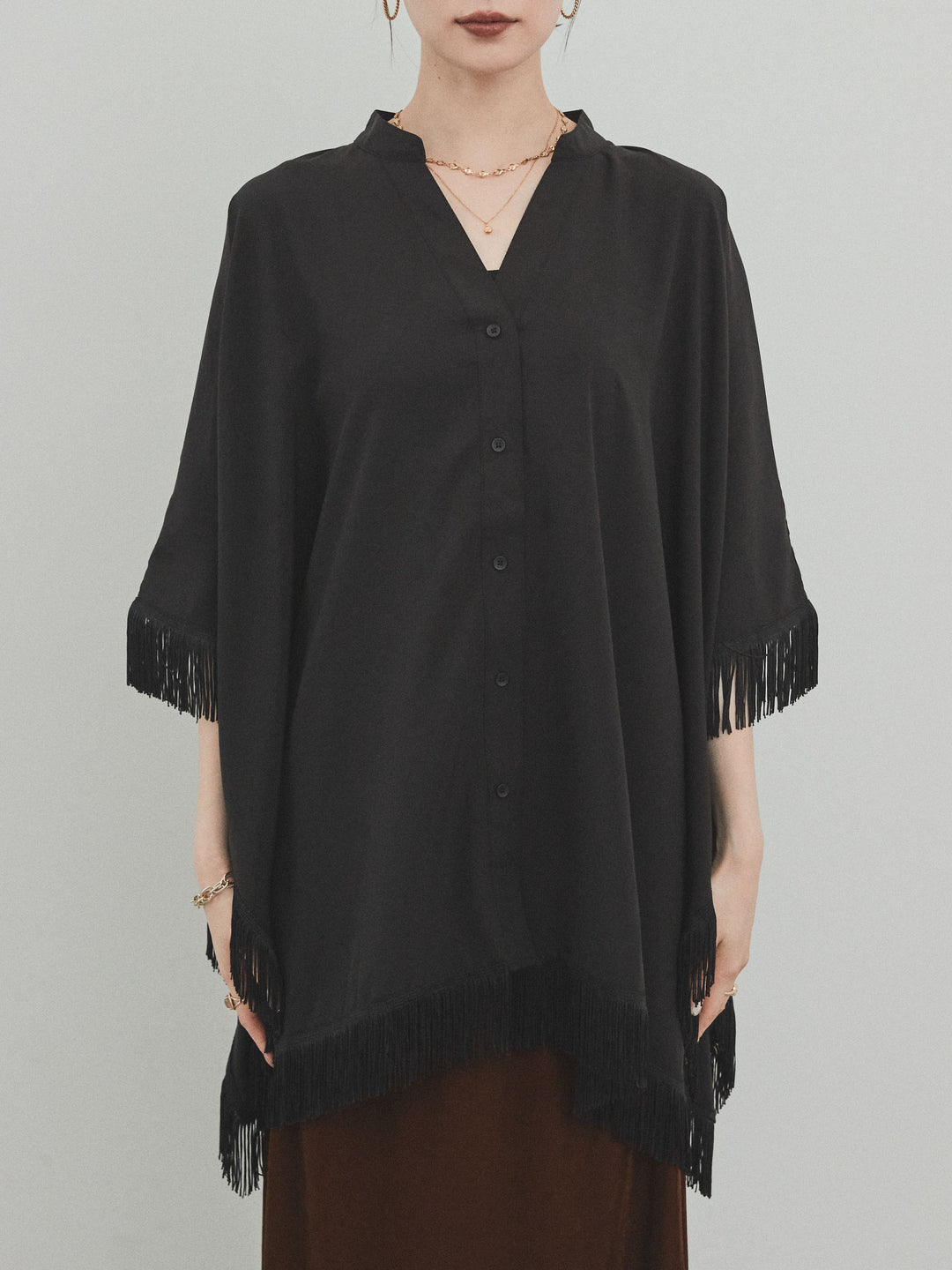 [予約]スクエアフリンジポンチョブラウス/ブラック