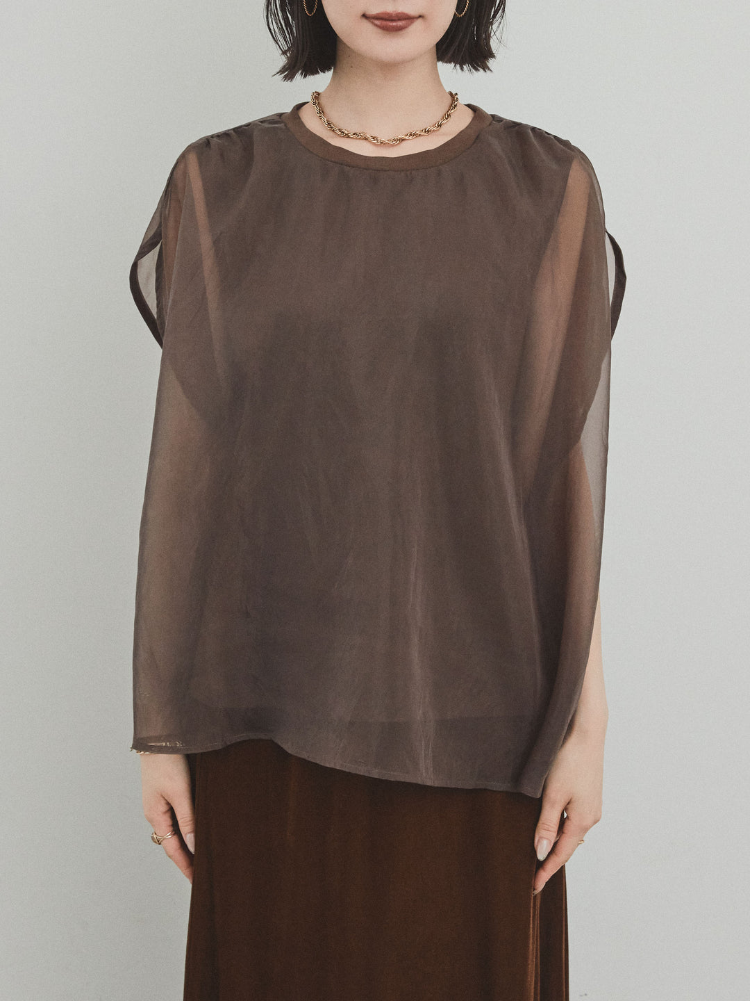 [予約]コンパクトスムースシアーレイヤードトップス/ブラウン
