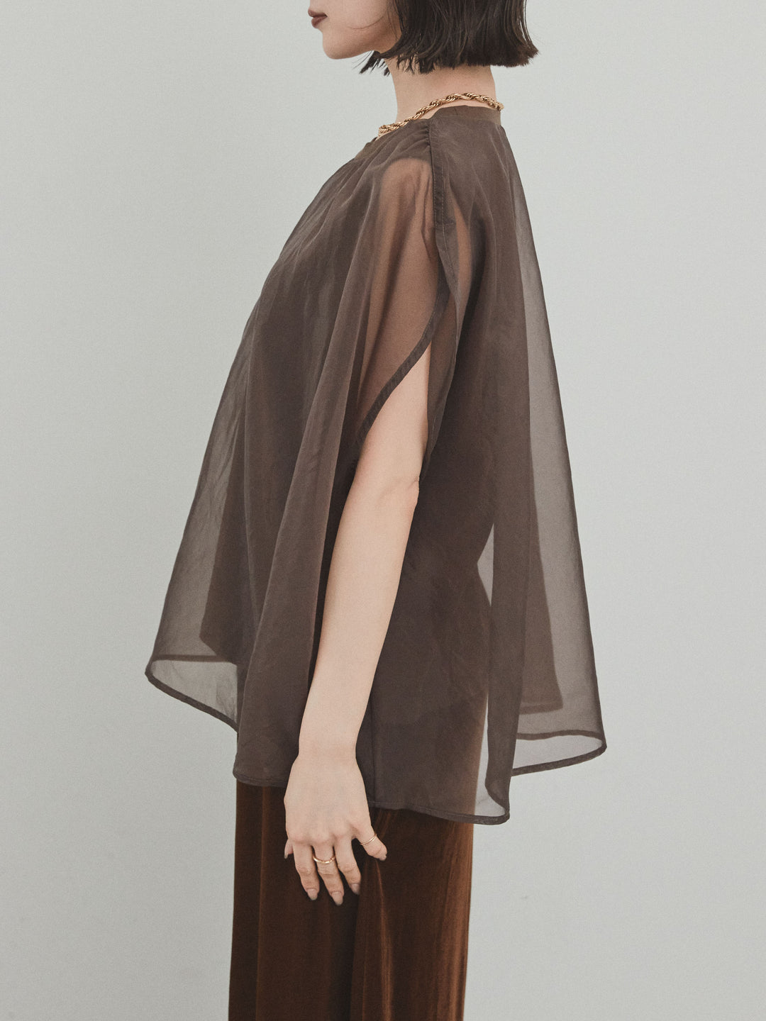 [予約]コンパクトスムースシアーレイヤードトップス/ブラウン
