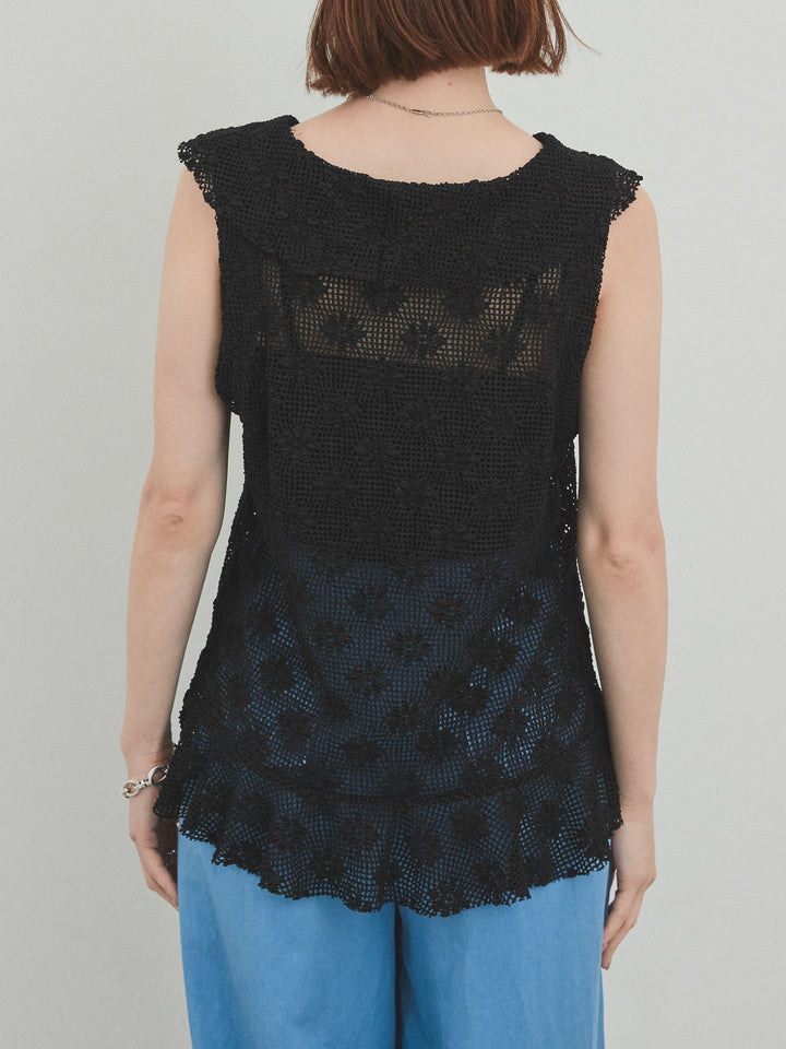 [預購] 紗帶荷葉邊無袖上衣/黑色