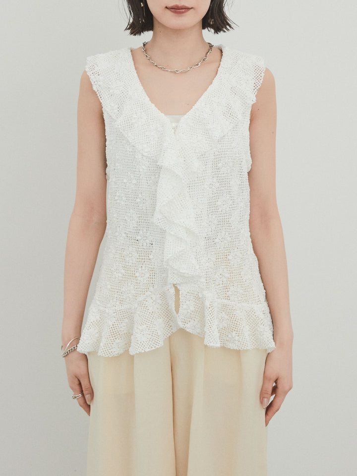 [預購] 紗帶荷葉邊無袖上衣/象牙白
