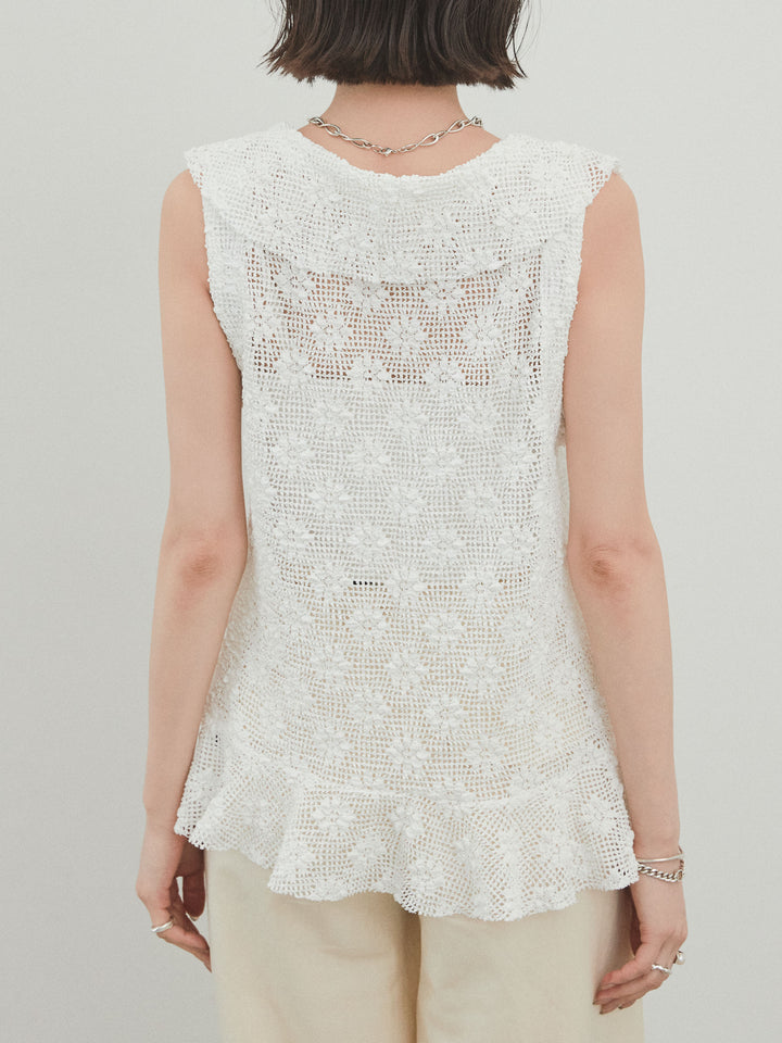 [預購] 紗帶荷葉邊無袖上衣/象牙白