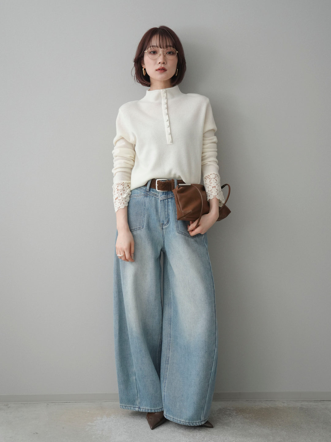 [予約]袖スカラップレースフロントボタンウールニットトップス/white