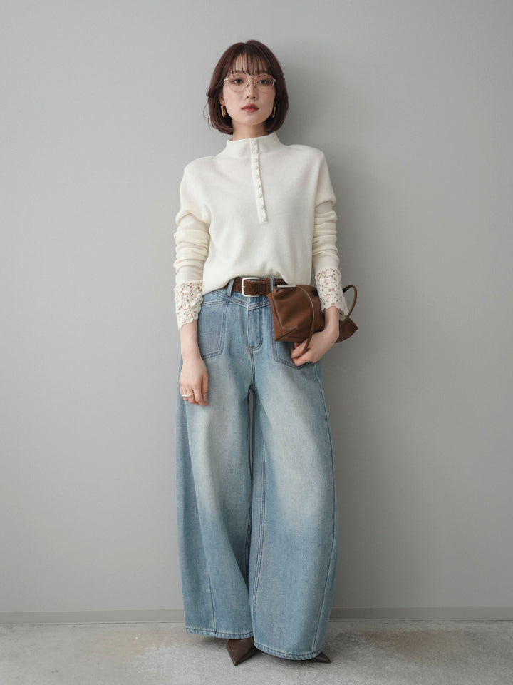 [予約]袖スカラップレースフロントボタンウールニットトップス/white