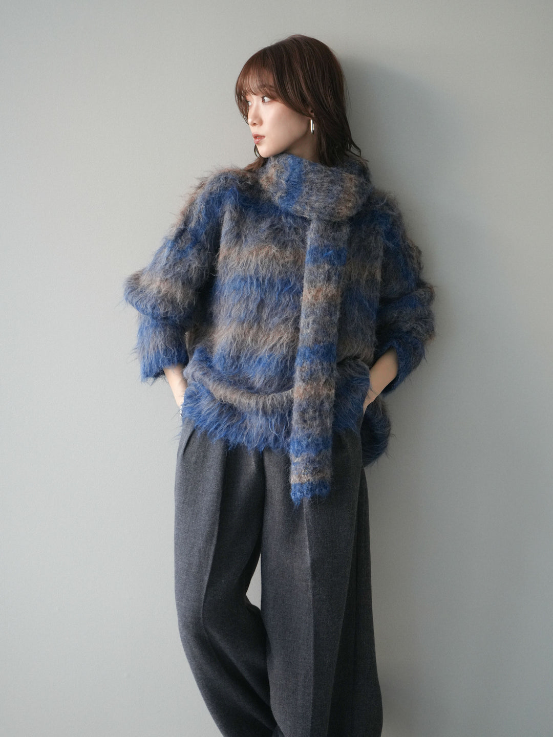 [予約]ストール付シャギーマルチボーダーニットプルオーバー/blue