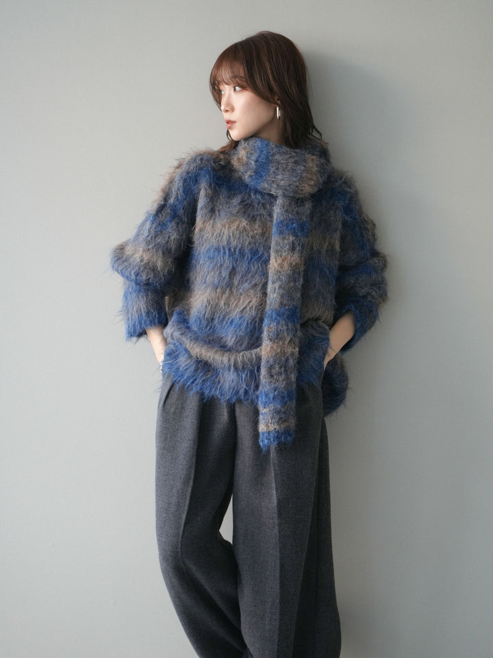 [予約]ストール付シャギーマルチボーダーニットプルオーバー/blue