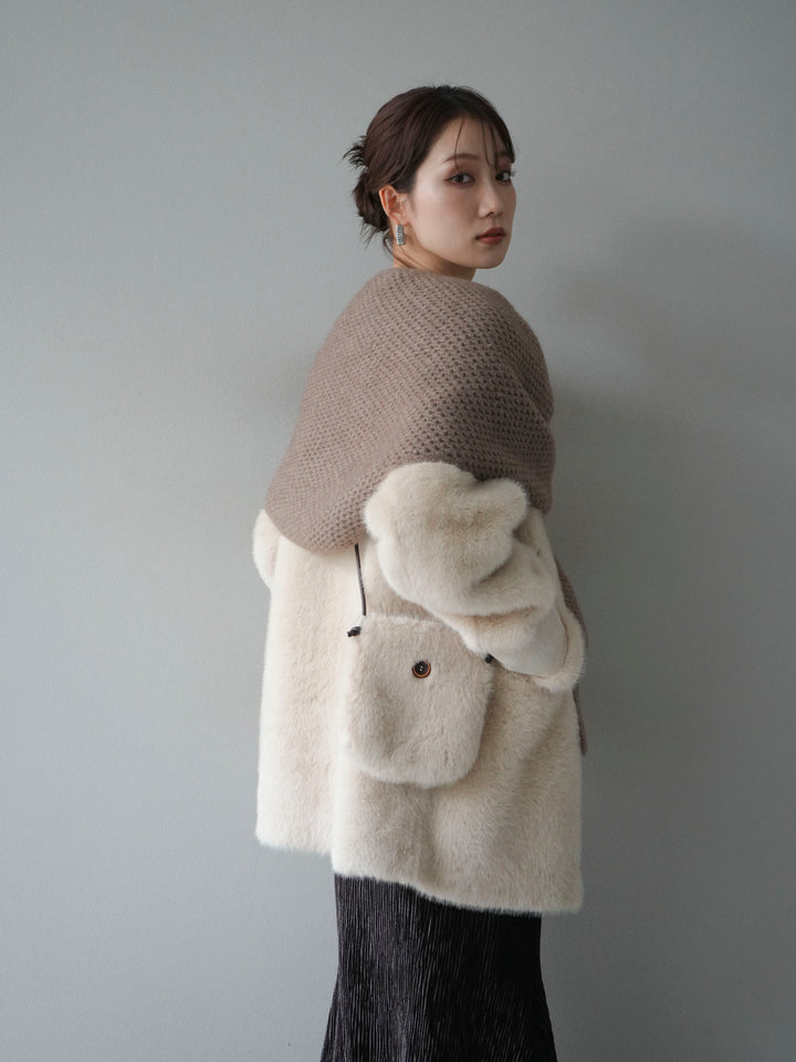 [SET]バッグ付エコファーノーカラーコート+選べるアクセセット(2set)