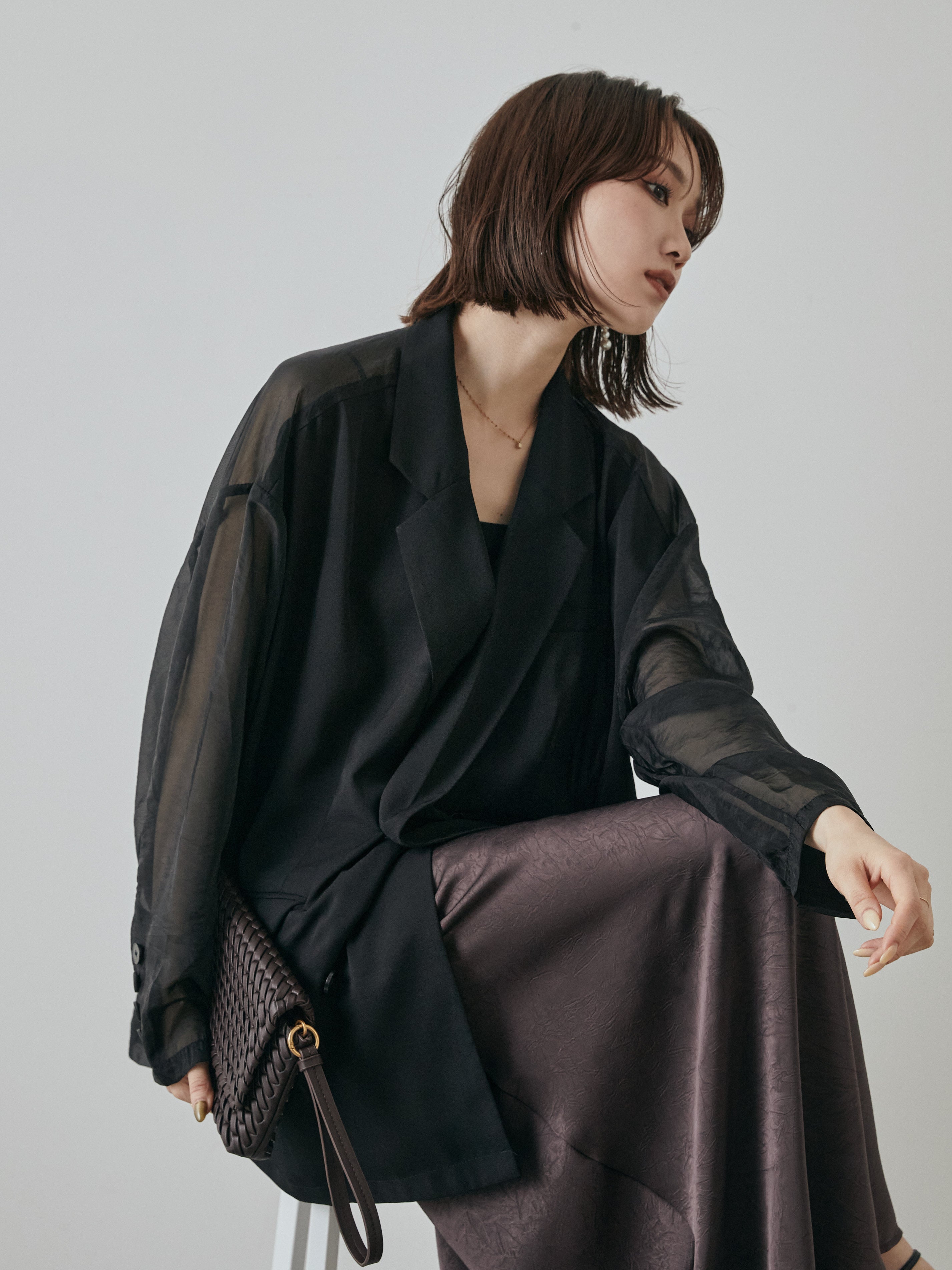 SET]シアー切替オーバーテーラードジャケット+サテンワッシャー