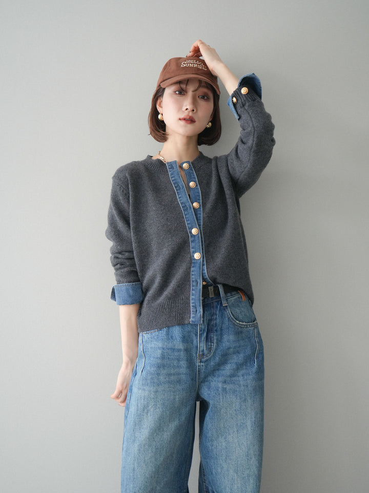 [SET]クルーネックデニムドッキングニットカーディガン+選べるアクセセット(2set)