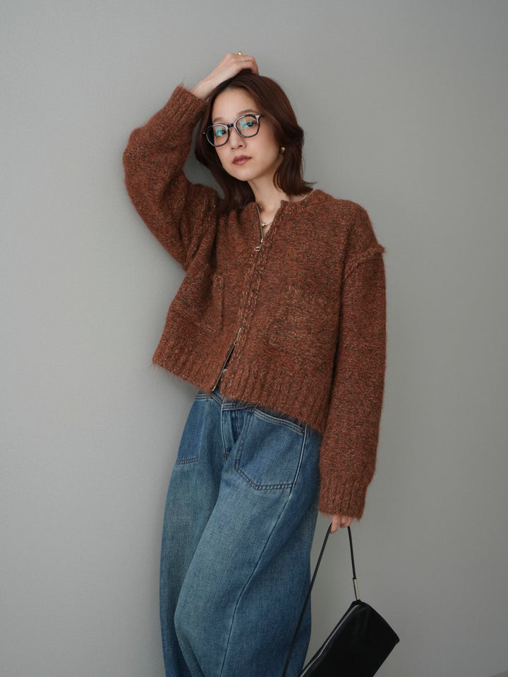 [SET]ミックスヤーンダブルZIPニットカーディガン+ベルト付裏起毛カーブデニムパンツ(2set)