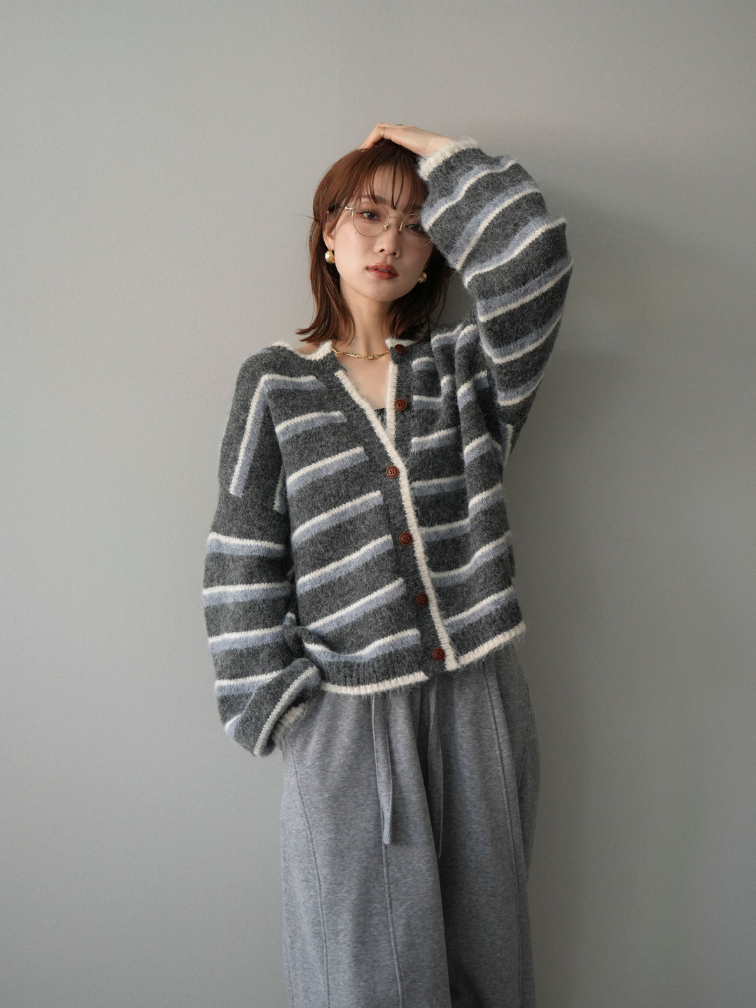 [SET]ウールタッチ配色ボーダーニットカーディガン+ウエストベルトカーブラインスエットパンツ(2set)