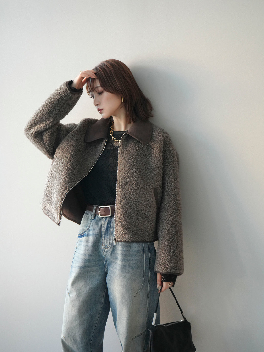 [予約]スエード襟ボアショートジャケット/brown