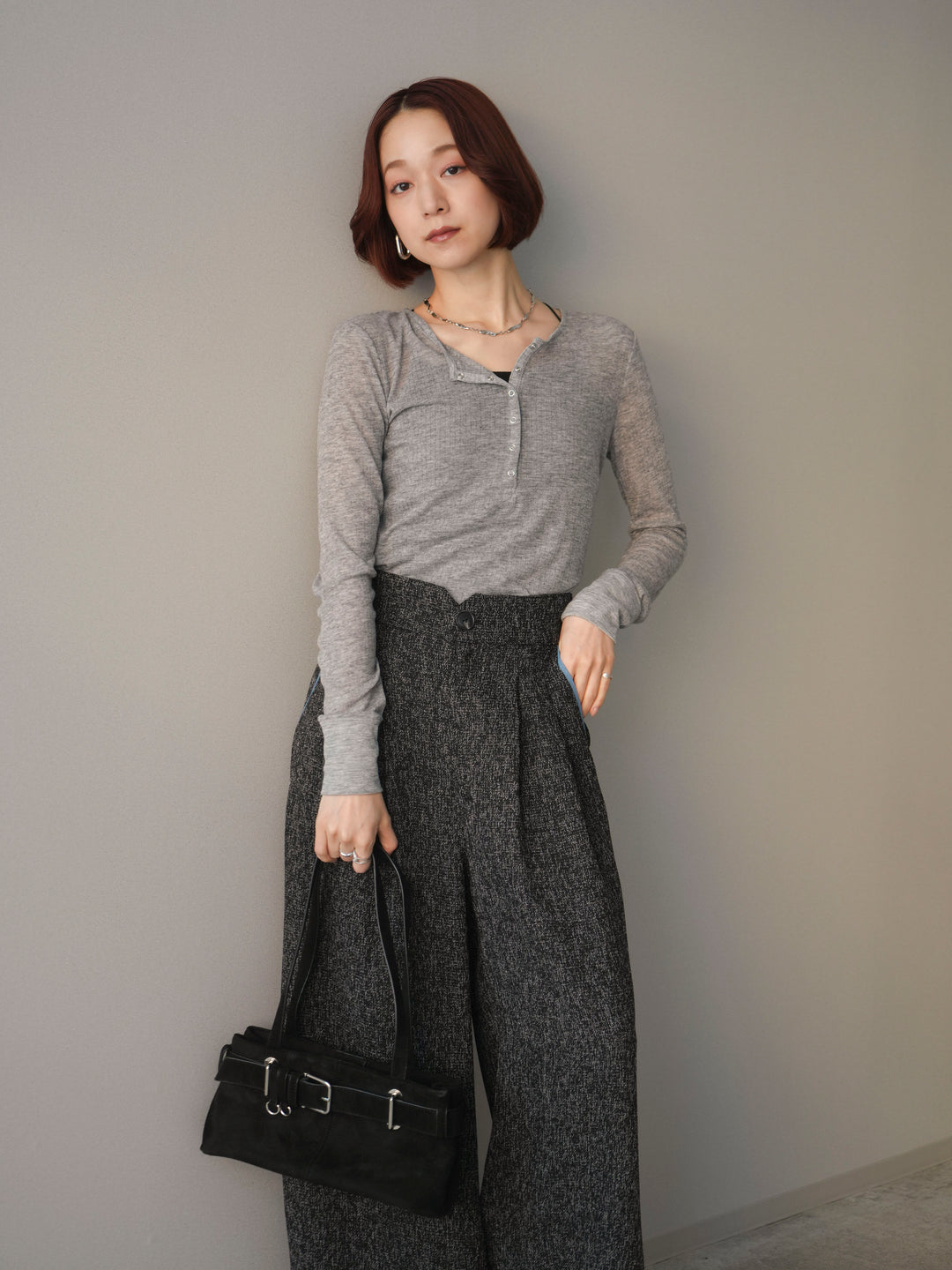 [予約]シアーリブヘンリーネックロンT/gray