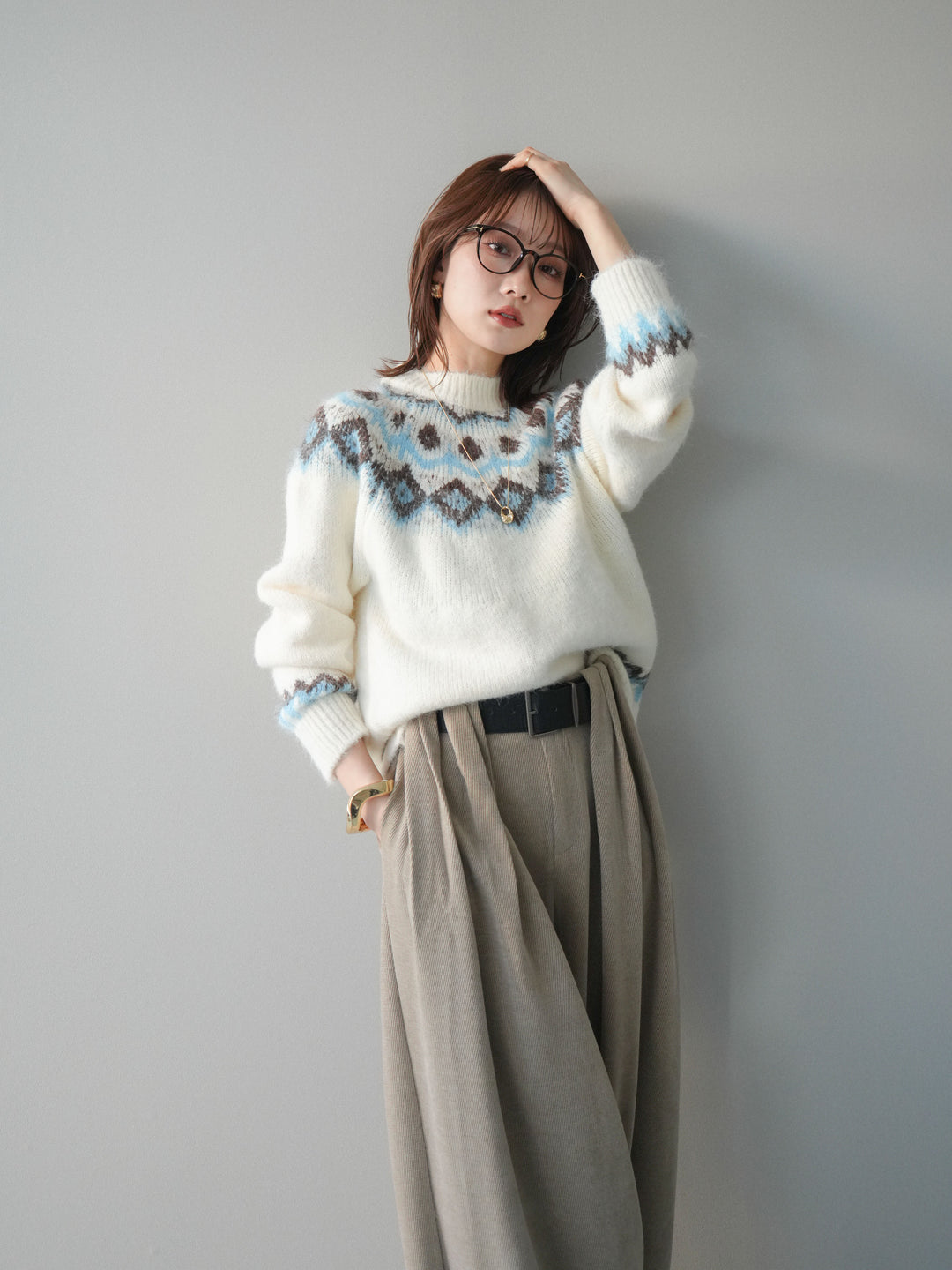 [SET]ソフトタッチ求心柄ニットプルオーバー+ベルトデザインループコールテンワイドパンツ(ベルト付き)(2set)