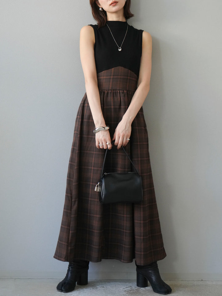 [SET]テレコ×チェックドッキングノースリワンピース+選べるアクセセット(2set)