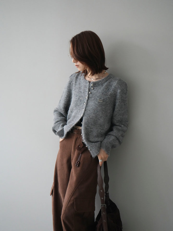 [予約]ブローチ付silverボタンミックスニットカーディガン/gray