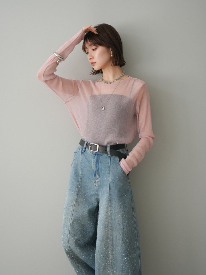 [予約]ラメシアークルーネックトップス/pink