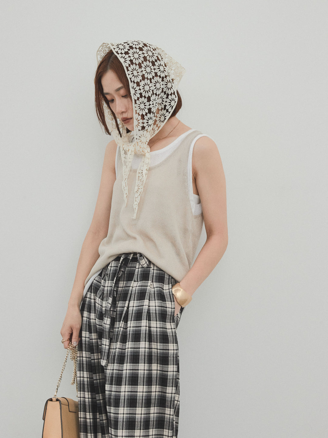 【SET】雙色疊穿針織背心+格紋寬褲（2套）