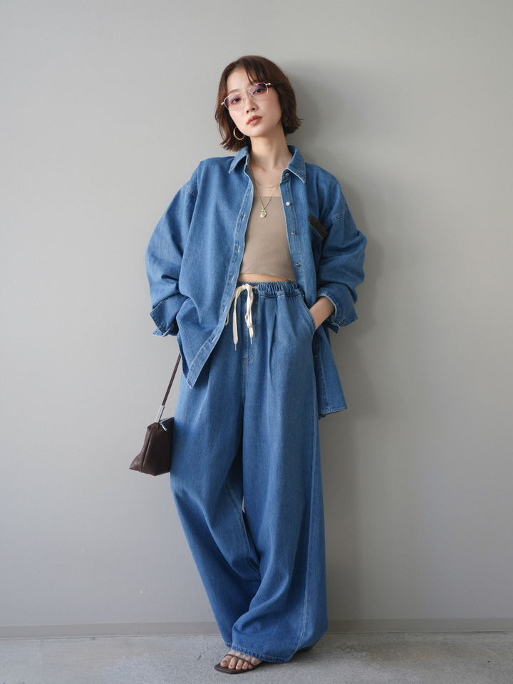 [SET]ポイントレザーオーバーデニムシャツ+ドロストワイドデニムパンツ(2set)