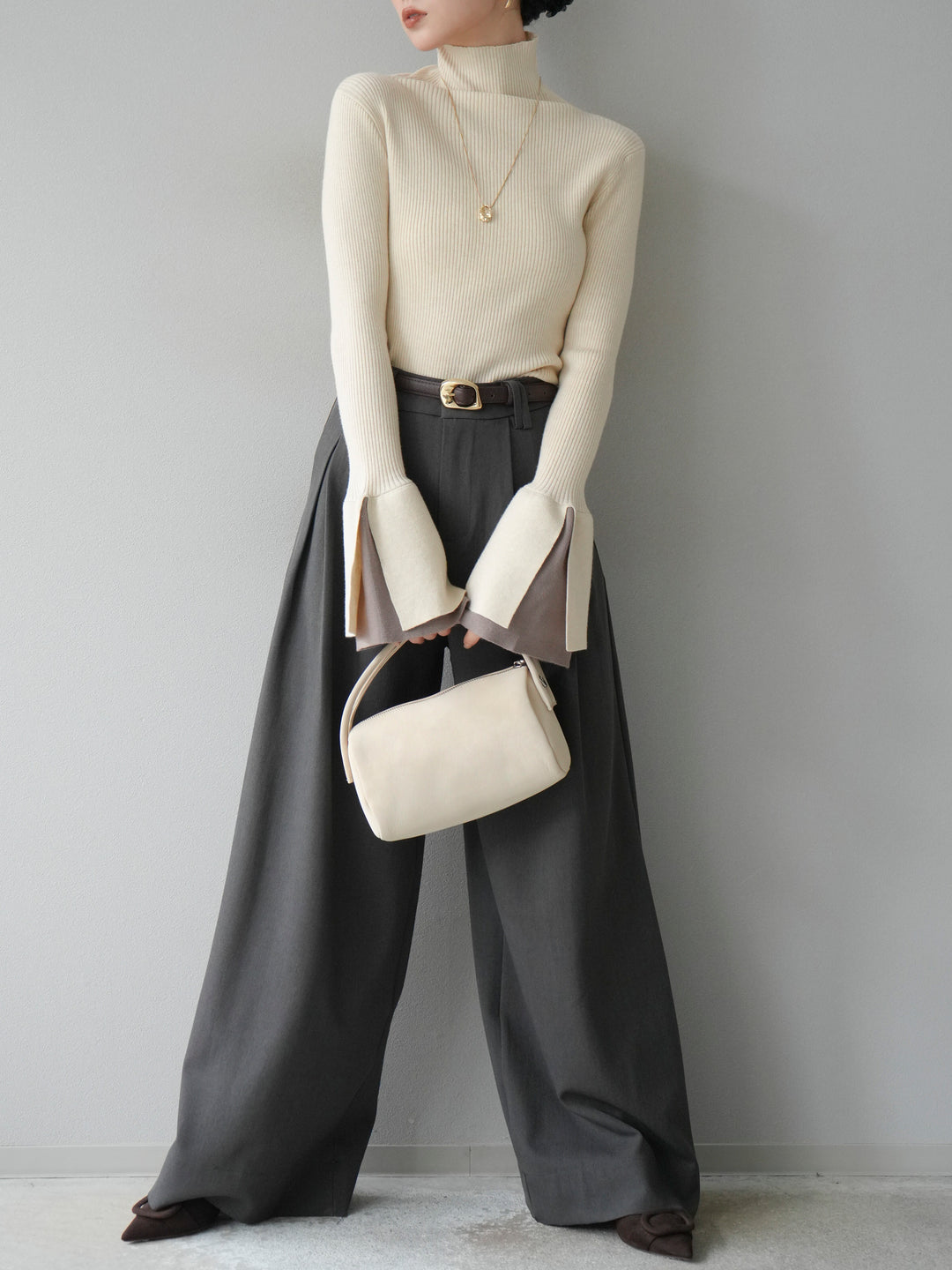 [3]ヘンリーネック配色リブニットトップス/アイボリー