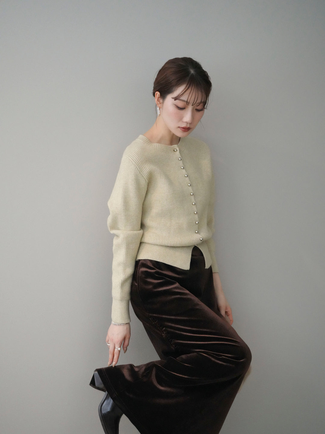 [予約]シルバーボタン畦編みニットカーディガン/ivory