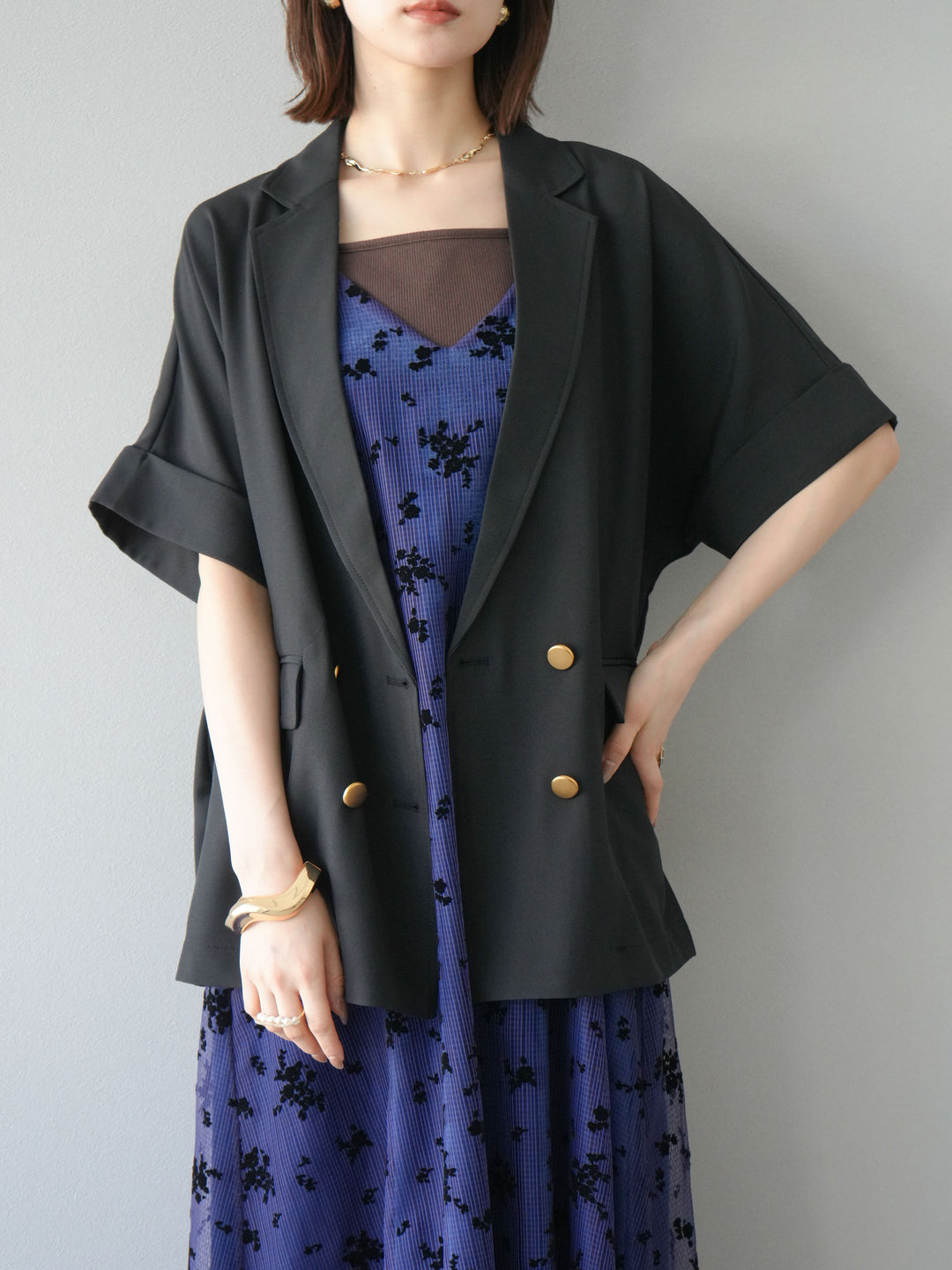 [套裝] 植絨薄紗層疊天鵝絨吊帶連身裙 + 金色紐帶半夾克 (2 套)