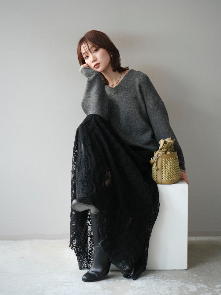 [SET]Vネック配色スリーブニットプルオーバー+選べるアクセセット(2set)