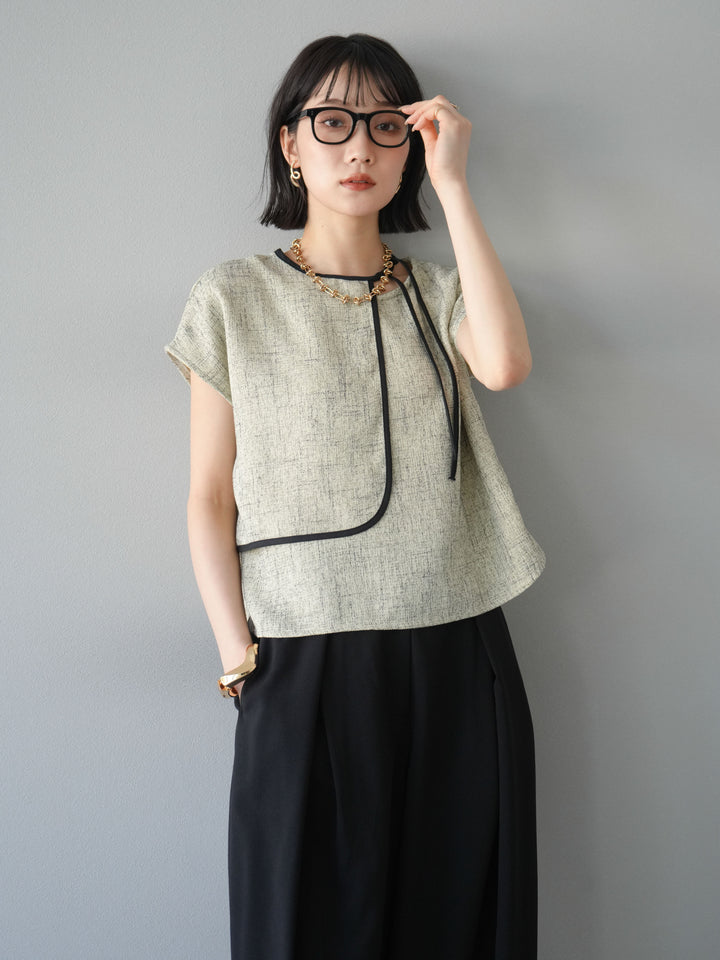 [SET]サマーツイードケープデザインプルオーバー+クレープシフォンタックワイドパンツ(2set)