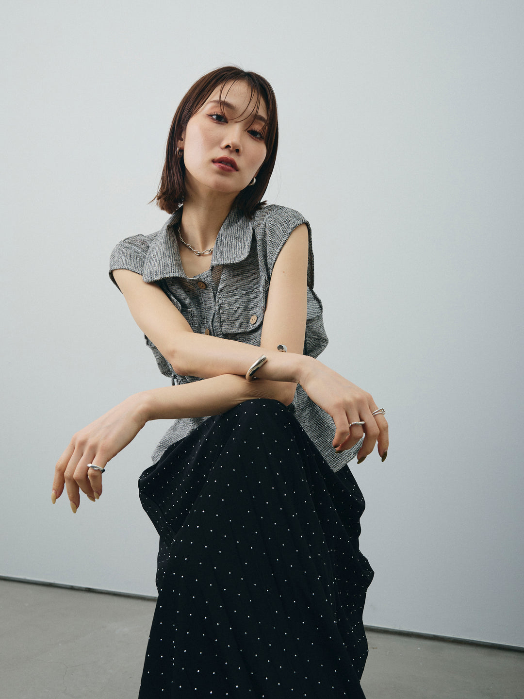 [予約]ミックスヤーンメッシュブラウス/ブラック