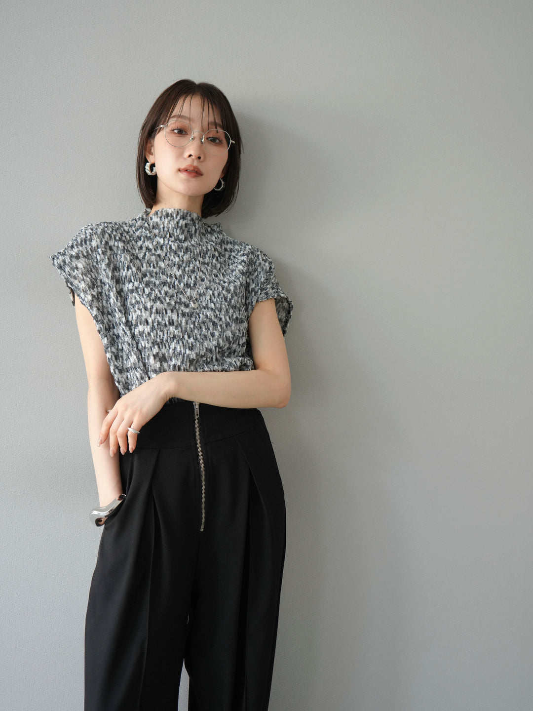 [SET] 多色隨機百褶法式上衣+拉鍊褶襉寬褲（2件套）