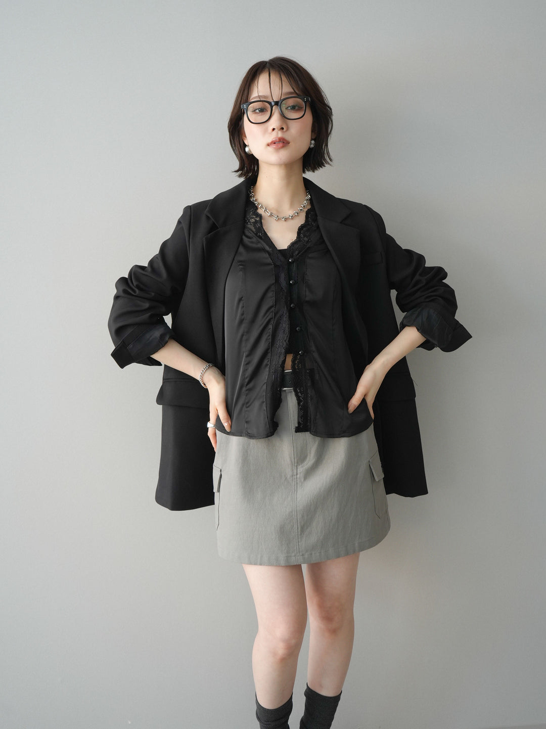 [SET]バックスリットデザインジャケット+ベルト付カーゴミニスカート(2set)