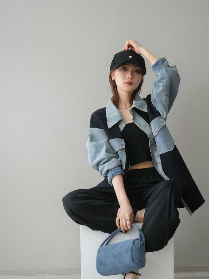 [予約]デニム襟ダブルフェイスニットカーディガン/black