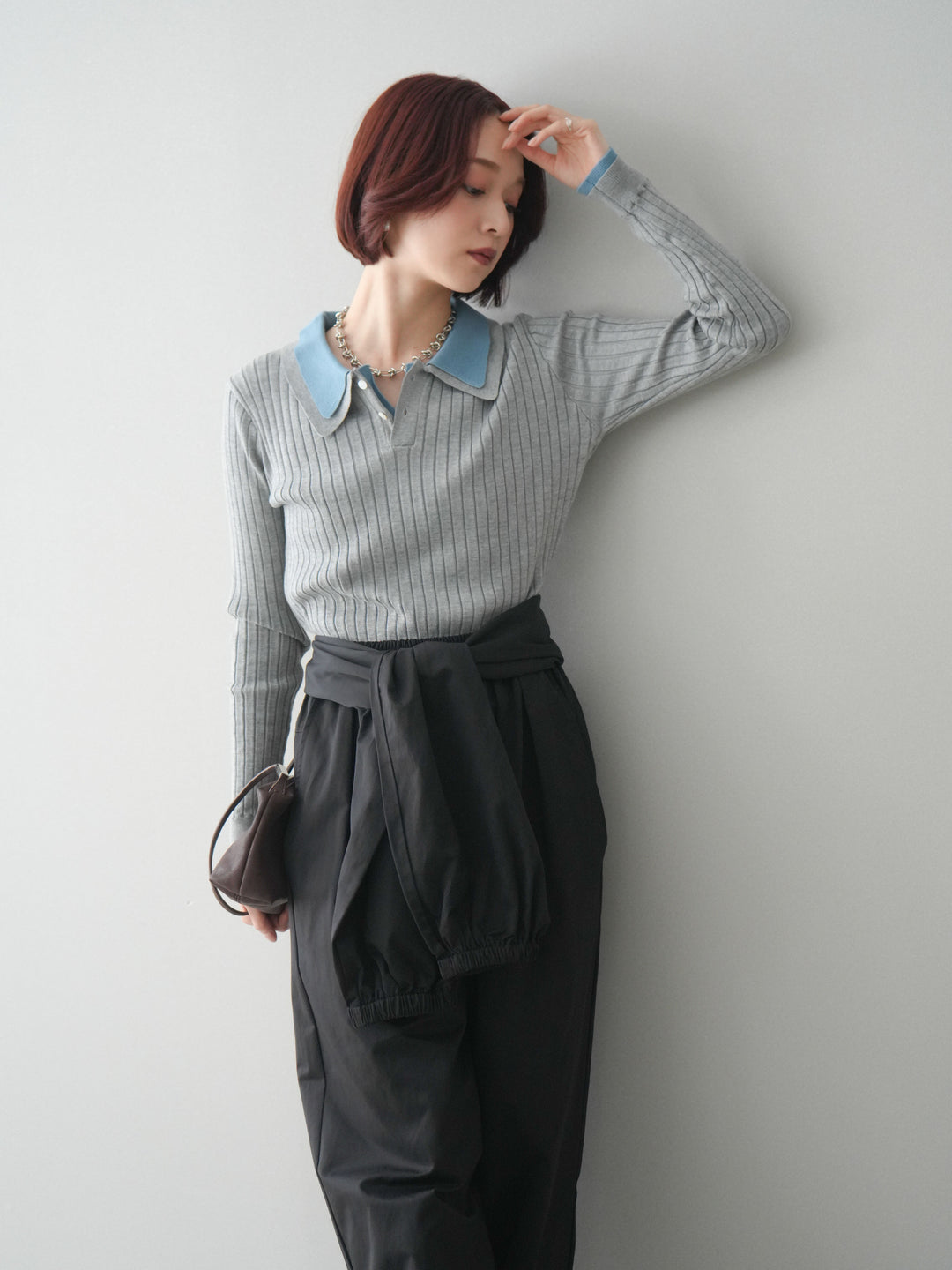 [SET]ダブル襟ポロリブニットトップス+選べるアクセセット(2set)