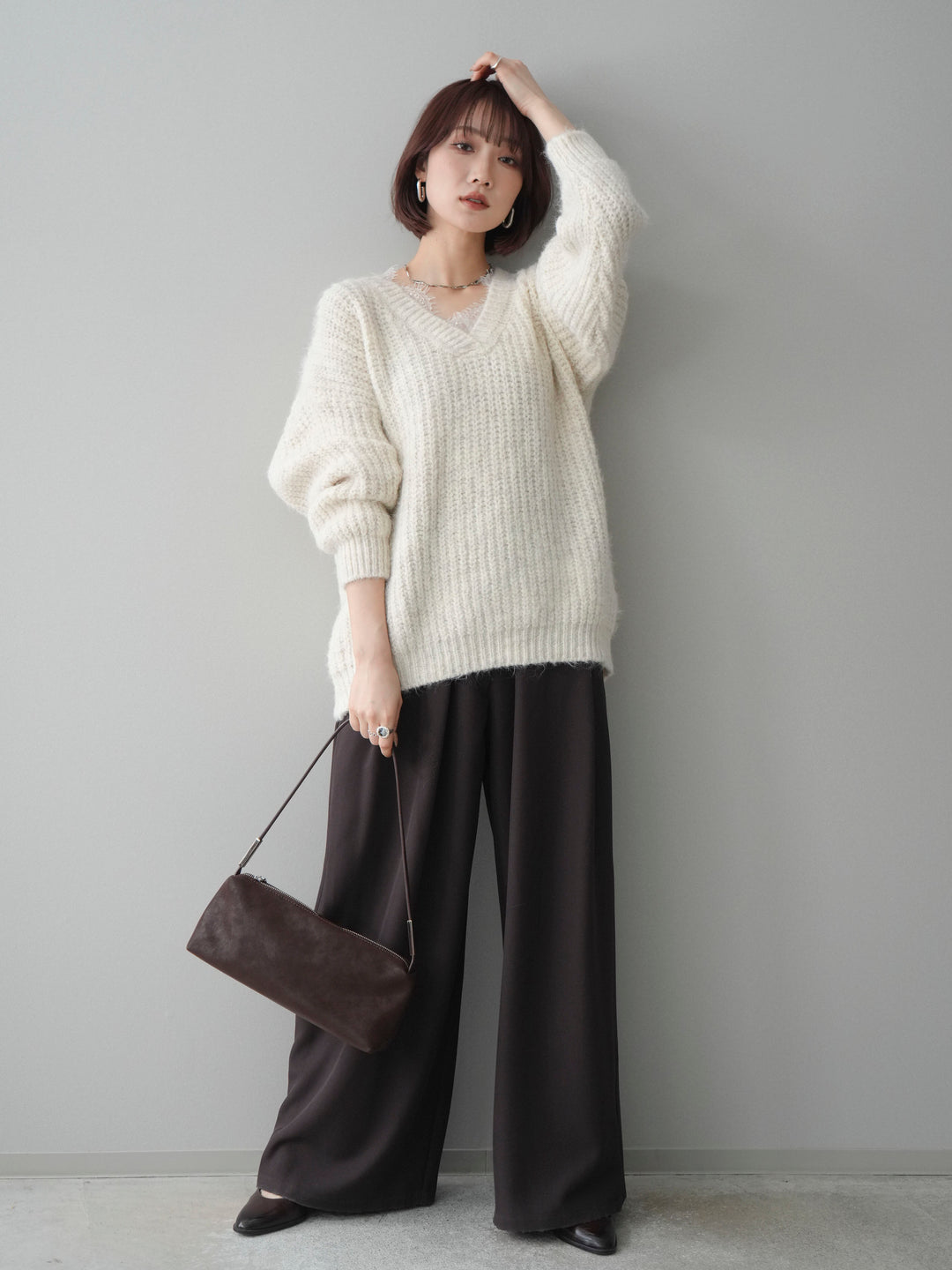 [SET]Vネックレースニットプルオーバー+ベルトループデザインワイドパンツ(2set)